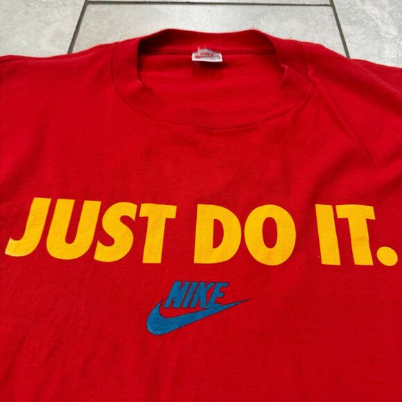 VINTAGE 80s Nike Just Do It Swoosh Logo Red Long Sleeve Size L USA - Picture 2 of 6